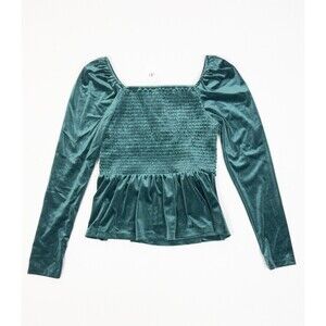 GAP Women’s Size Small Puff Sleeve Green Velvet Smocked Peplum Top!